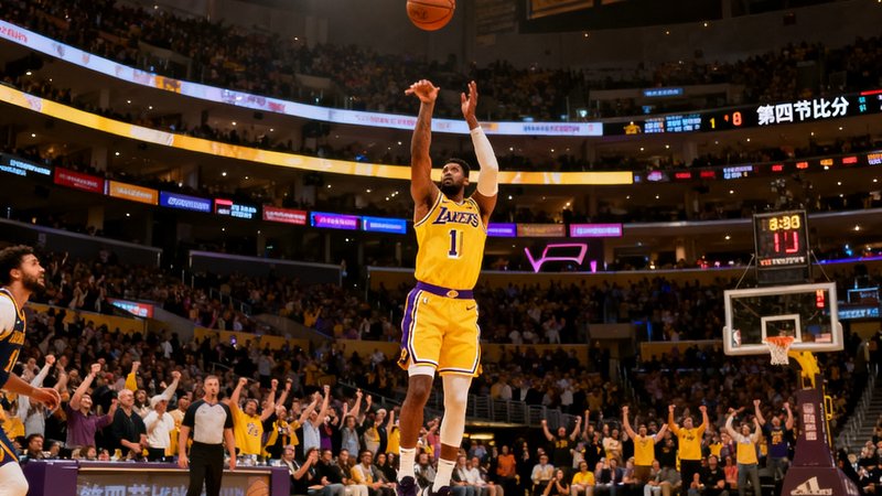 NBA比赛直播画面，湖人队球员正在三分线外起跳投篮，球馆内灯光璀璨，观众席座无虚席，计分板显示第四节比分。