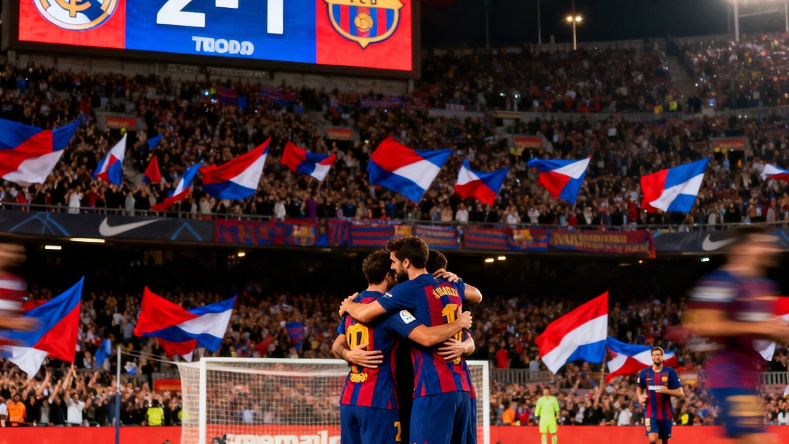 西班牙国家德比精彩回放缩略图，球员们在进球后拥抱庆祝，球场巨型屏幕显示着实时比分，观众席挥舞着队旗。